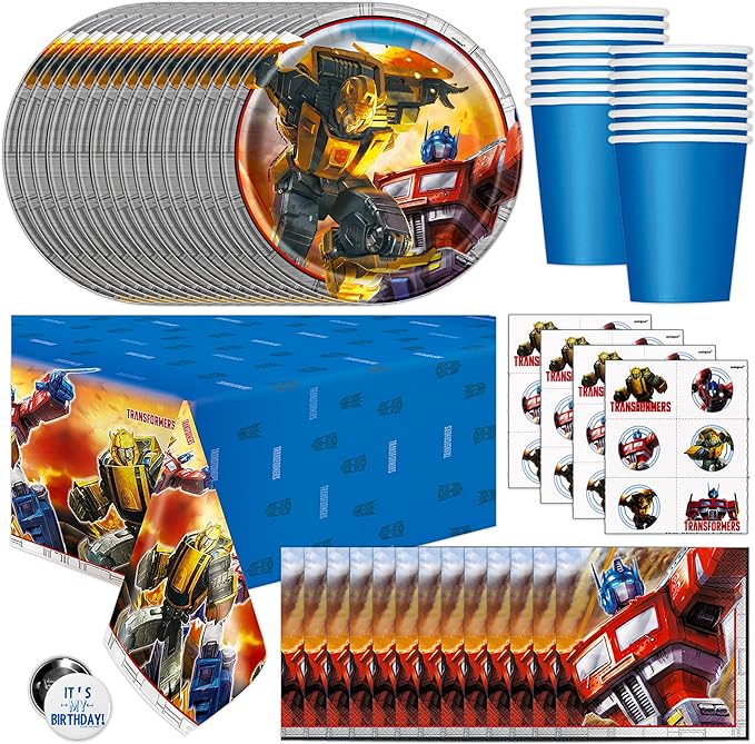 Transformers Birthday Party Supplies - Serves 16 | Transformer Tablecover, Plates, Napkins, Cups, Tattoo Party Favors, Buttons