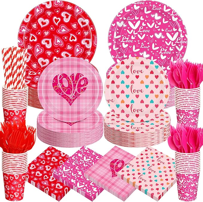 450 Pcs Valentines Tableware Set Decorations, Heart Love Design Paper Plates Napkins Cups Cutlery Straws for Kids Classroom Valentine's Day Galentines Day Party Supplies, Serves 50