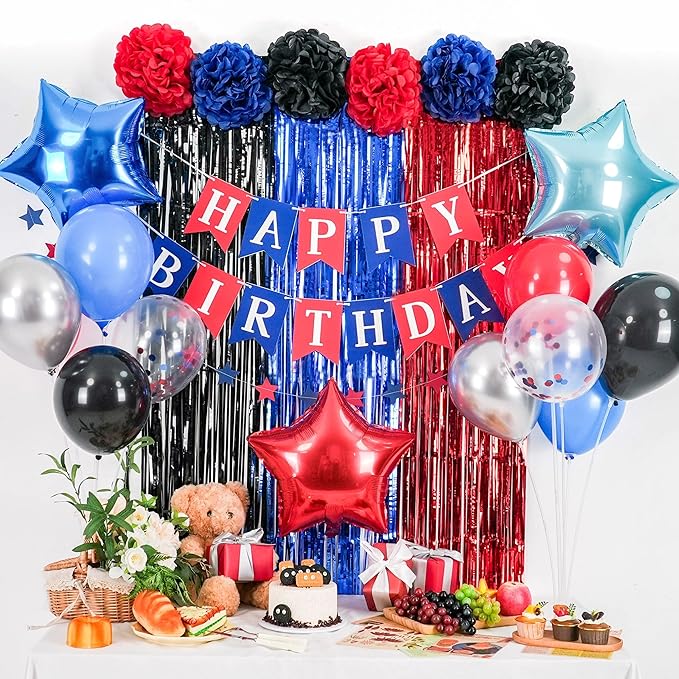 Black Red Blue Birthday Decoration,Red Blue Party Decorations Include Red Blue Black Balloons Happy Birthday Banner Fringe Curtain Tissue Paper Pompoms Garland