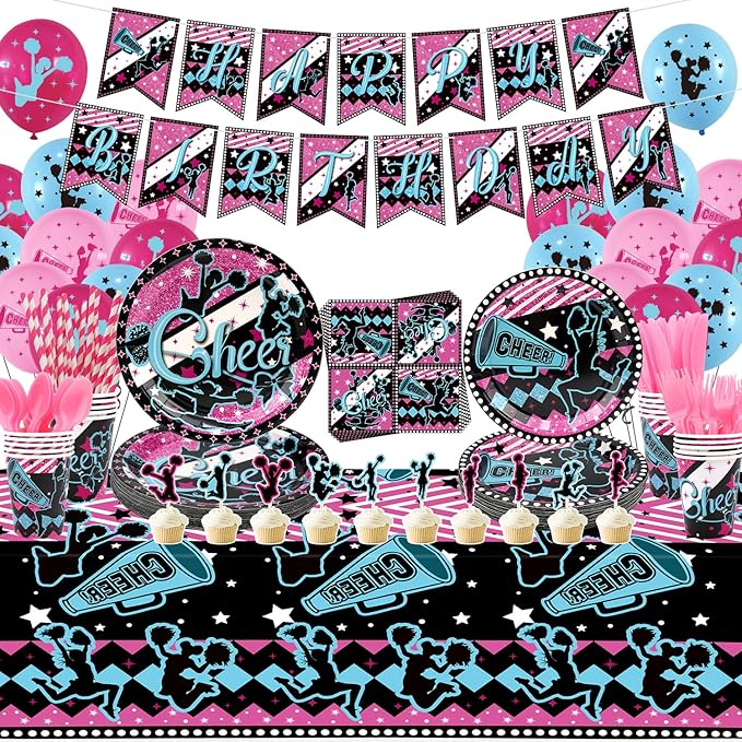 Cheerleading Party decoration, Cheerleading birthday Party Supplies Packs, Gymnastics PartyCheer Party Supplies include Background, Plates, Balloons, Cheerleading Party Set Serves 20 (Banner)
