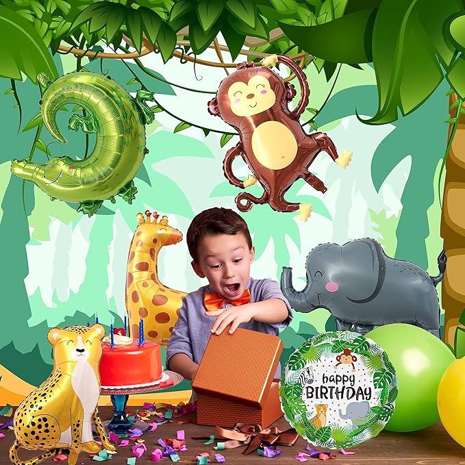 TUWUNA 9Pcs Safari Jungle Animal Balloons,Wild One Birthday Decorations Baby Shower Jungle Safari Party Supplies,Kids Elephant Monkey Lion Giraffe Leopard Zebra Crocodile Balloon