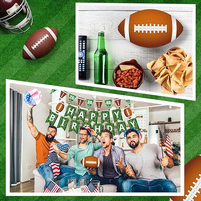Pasimy 4 Pcs Football Birthday Party Banners Football Pennant Flag Happy Birthday Banner Circle Paper Garland Black Brown White Hanging Decorations Backdrop for Sports Bowl Party Outdoor Indoor