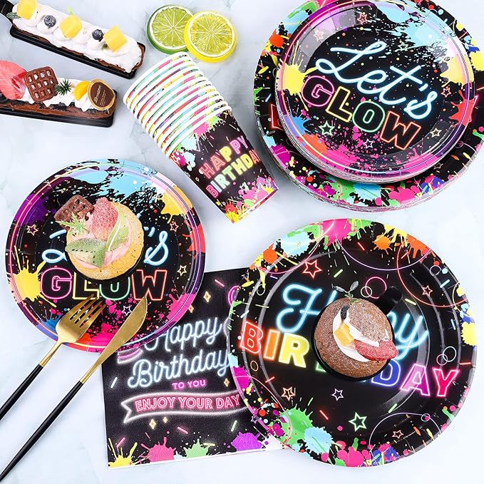 Durony 100 Piece Neon Glow Party Supplies - Glow In Dark Tableware Set Includes Paper Plates, Cups, Napkins - Neon Birthday Party Decorations - Serves 25 Guests