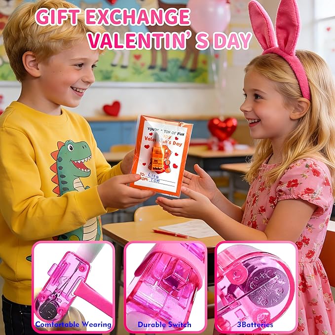 24 Pack Valentines Day Gift for Kids Boys Girls, Dinosaur LED Finger Lights with Cards, Glow in the Dark Toys, Classroom Exchange Prize, Goodie Bag Stuffers, Dino Valentine Party Favors