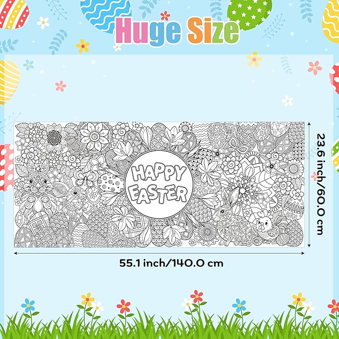 Jumbo Easter Mandala Coloring Poster - Easter Egg Bunny Flower DIY Drawing Color-in Paper Blank Art Banner 55.1 x 23.6 Inch Wall Decor, Home Classroom Activity for Kids Spring Party Supplies