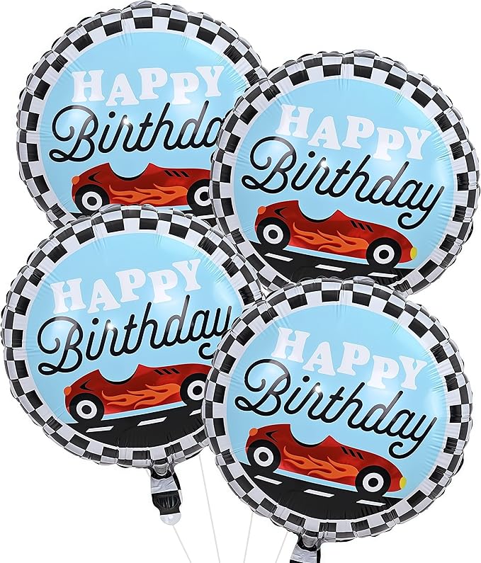 18 Inch Race Car Happy Birthday Balloons, 4pcs Black and White Checkered Racecar Foil Round Balloon, Two Fast One Birthday Decor for Kids Boys Racing Car Driver Monster Truck Theme Party Decorations