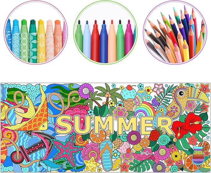 Dvbonike Jumbo Mandala Coloring Poster Giant Summer Color-in Paper Poster DIY Drawing Blank Doodle Art Banner 55.1 x 23.6 inch Tablecloth Wall Decoration, Home School Activity Party Supplies for Kids