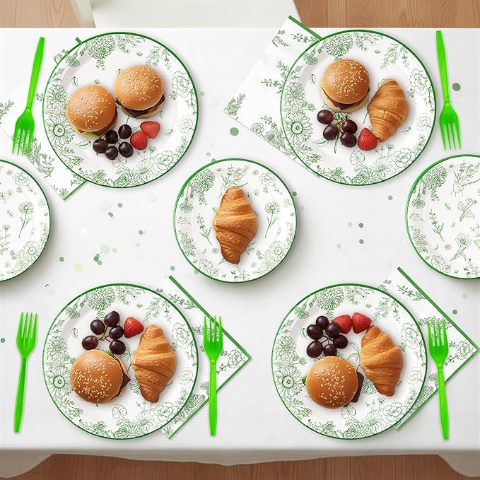 96Pcs Sage Green Floral Party Plates Supplies Green White Flower Wildflower Tableware Decorations Disposable Paper Plates Napkins Forks for Birthday Spring Summer Party Wedding, Serves 24
