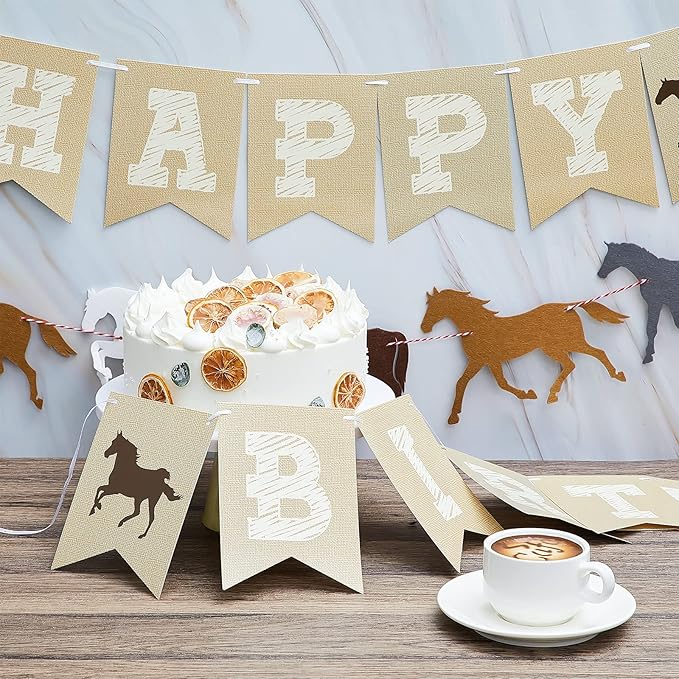 Tatuo 3 Pcs Horse Birthday Banner Party Decorations Derby Racing Horse Banner Paper Bunting Garland Farm Theme Decor for Present Birthday Wedding Party Supplies, Pre Assembled Hanging Decoration