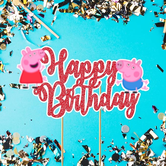 Pepa Pig Happy Birthday Cake Topper – Cute Cartoon Character Birthday Cake Decoration – Premium, Durable and Reusable Party Supplies – Fun Birthday Décor for Boys and Girls, Easy to Use Cake Topper