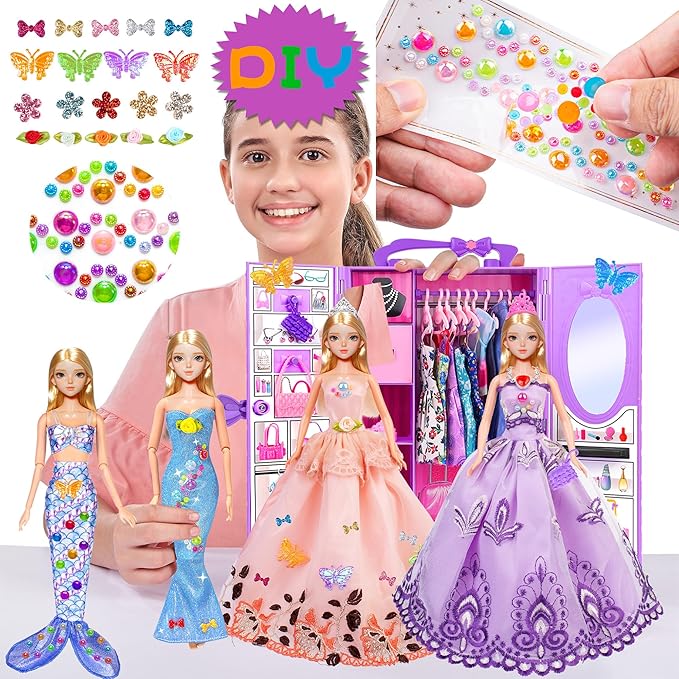 iBayda 92pcs 11.5 inch Girl Doll with Clothes Accessories and Closet Set Including Long Princess Dress Outfits Shoes Handbags Necklaces DIY Bead Stickers for Design Kit Girl Doll Dress Up