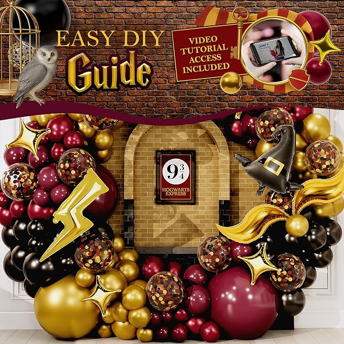 ALL-IN-1 Magical Wizard Balloons Garland Arch Kit with BONUS Hat, Wings, Lightning, Stars – Wizard Birthday Party Decorations & Supplies for Baby Shower, Chosen One, Burgundy Black Hogwarts Balloons