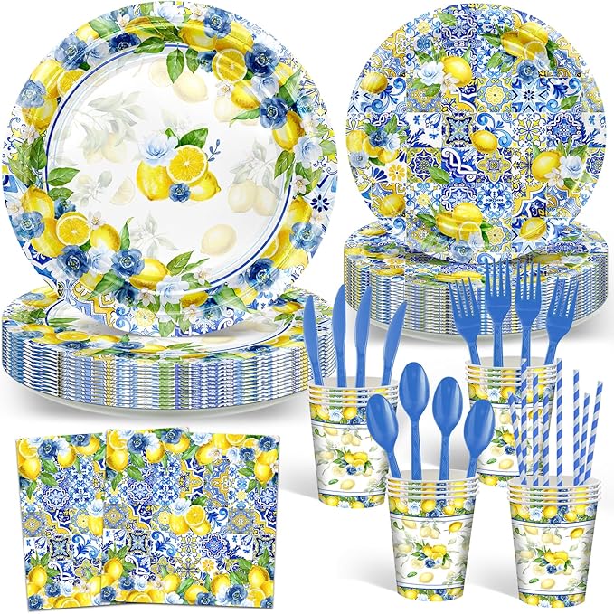 Avezano 192 Pcs She Found Her Main Squeeze Bridal Shower Decorations Capri Lemon Bridal Shower Plates and Napkins Set Lemon Baby Shower Birthday Party Supplies for 24