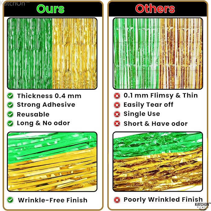 KatchOn, Green and Gold Foil Fringe Curtains - 6.5x6.5 Feet | St Patricks Day Backdrop for St Patricks Day Decorations | St Patrick's Backdrop, St. Patrick's Day Decorations