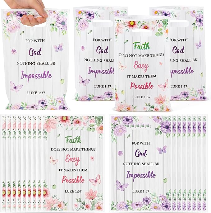 50Pcs Religious Party Favor Bags - Bible Verse Floral Goodie Candy Treat Plastic Gift Bag Inspirational Flower Christian Party Decoration for Kid Women Birthday Wedding Baptism Spring Church Supplies