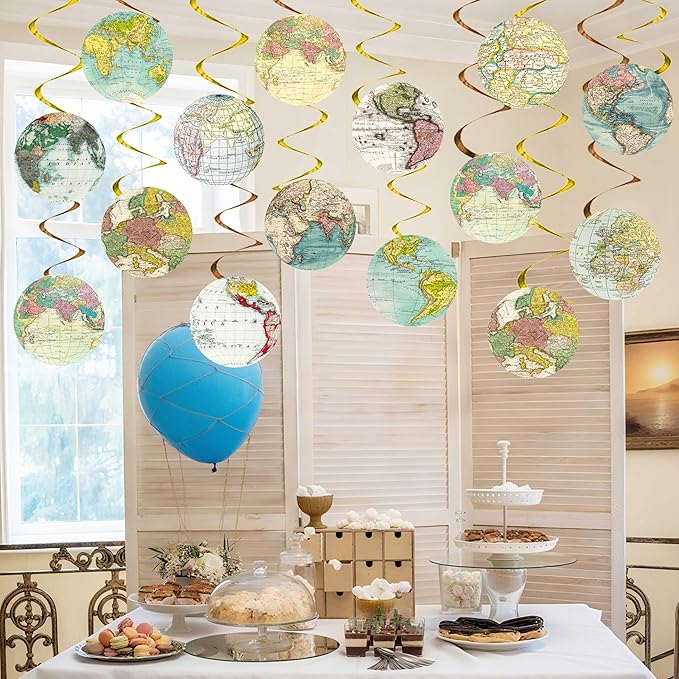 Globe Vintage World Map Hanging Swirls Travel Party Hanging Decorations Earth Globe Theme Ceiling Streamers for Travel Around The World Birthday Party Baby Shower Supplies