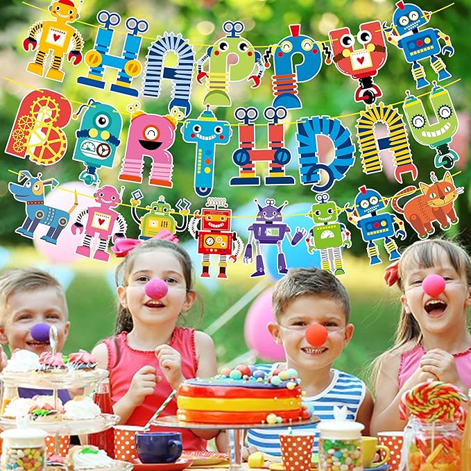 Robot Happy Birthday Banner and Party Decoration - Cartoon Hanging Decoration for Boys' Birthday - Robot Theme Party Supplies
