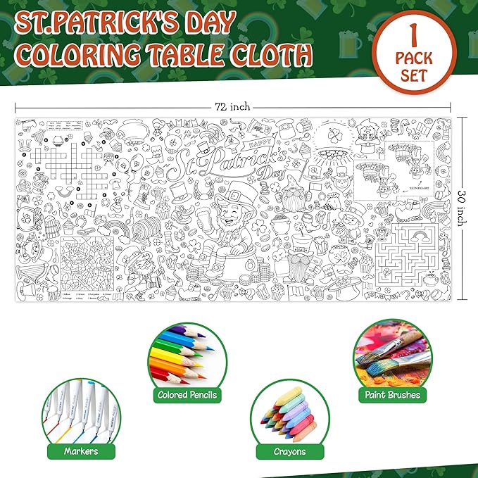 St. Patrick’s Day Coloring Tablecloth for Kids, Giant 30x72 Inch Poster with Shamrocks, Leprechauns, Perfect for Party Games, Holiday Decorations, Classroom Activities, Party Supplies