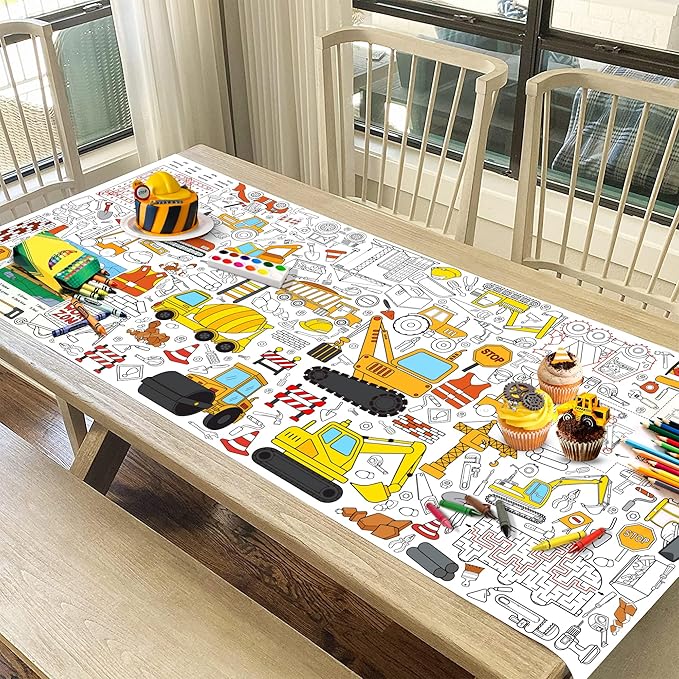 Construction Coloring Tablecloth for Kids, Huge 30x72 Inch Poster with Trucks, Cranes, Bulldozers, Tools, Idea for Party Games, Construction Decorations, Classroom Activities