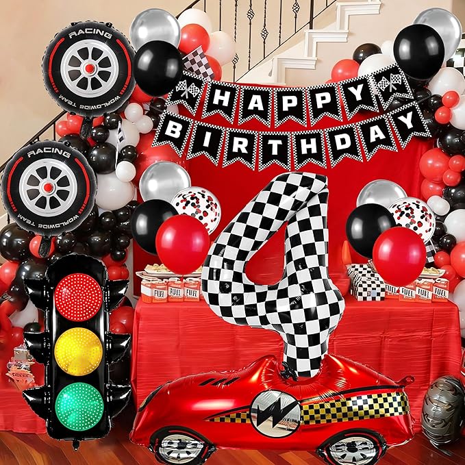 Race Car Birthday Party Decorations, with 40 Inch Number 4 Balloon, Happy Birthday Banner, Race Car, Traffic Light and Foil Tire Balloon for 4th Themed Birthday Party Supplies