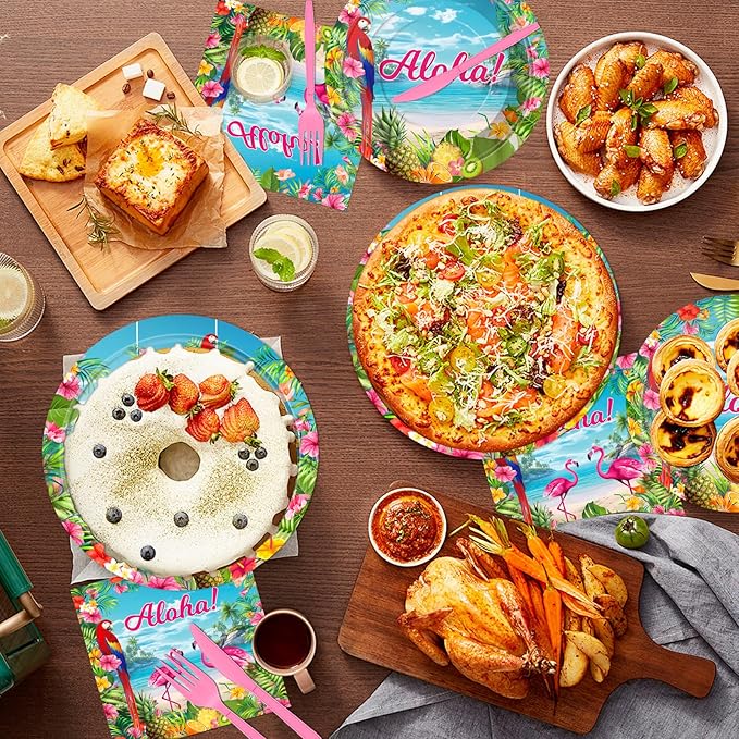 Flamingo Party Supplies 144 PCS, Tropical Hawaiian Luau Decorations Set, Aloha Paper Plates Cups Napkins Tableware for Birthday, Baby Shower, Garden & Beach Parties