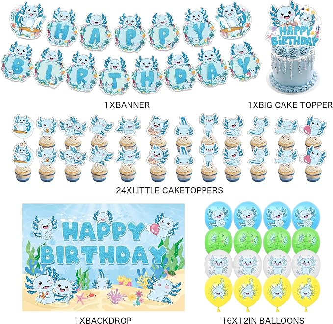 43Pcs Blue Axolotl Birthday Party Decorations Include Banner-Balloons-Cake Topper-Cupcake Toppers-Backdrop for Axolotl Birthday Party Supplies