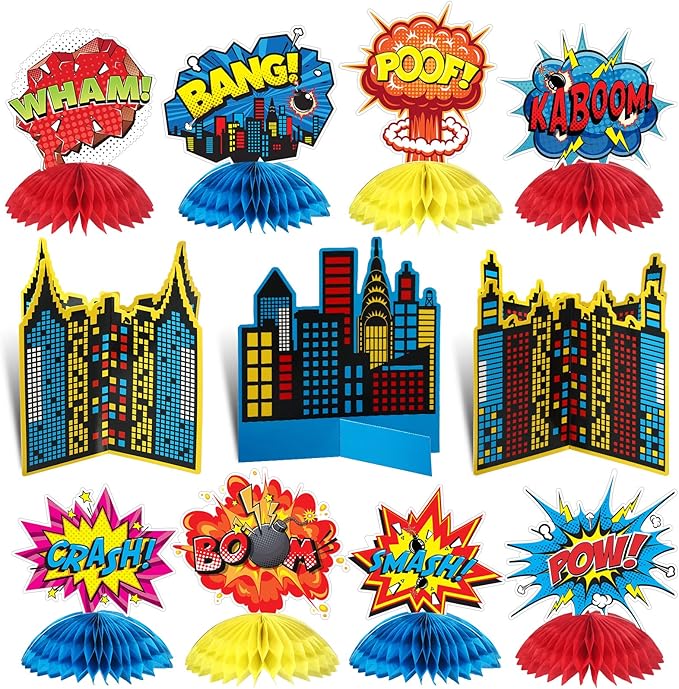 Funrous 11 Pieces Hero Party Decoration Hero Honeycomb Centerpieces 3D Table Topper Paper Large Word Centerpieces Fun Action Sign Standing Card for Birthday Baby Shower Decor Supplies(Classic)