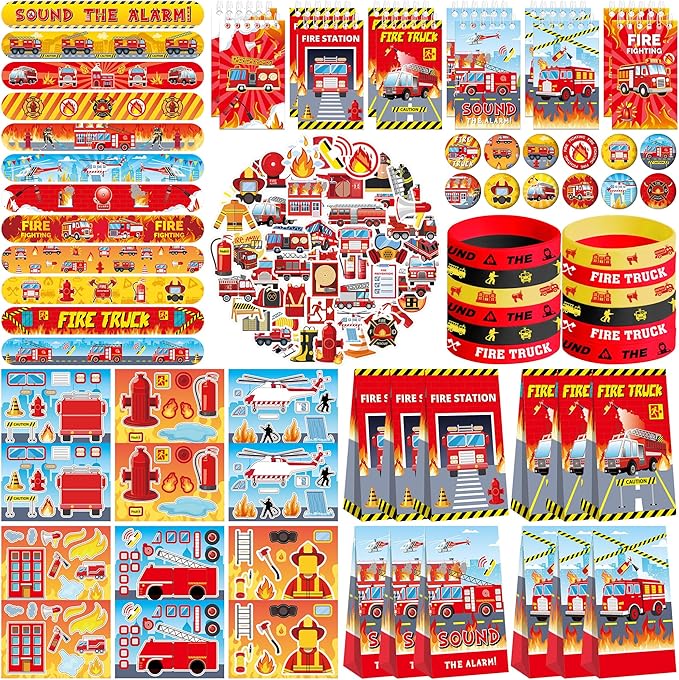 122PCS Fire Truck Party Favors, 50 Stickers, 12 Assemble Stickers, 12 Button Badges, 12 Mini Notepads, 12 Slap Bracelets, 12 Rubber Bracelets, 12 Goodie Bags for Firefighter Firetruck Party Supplies