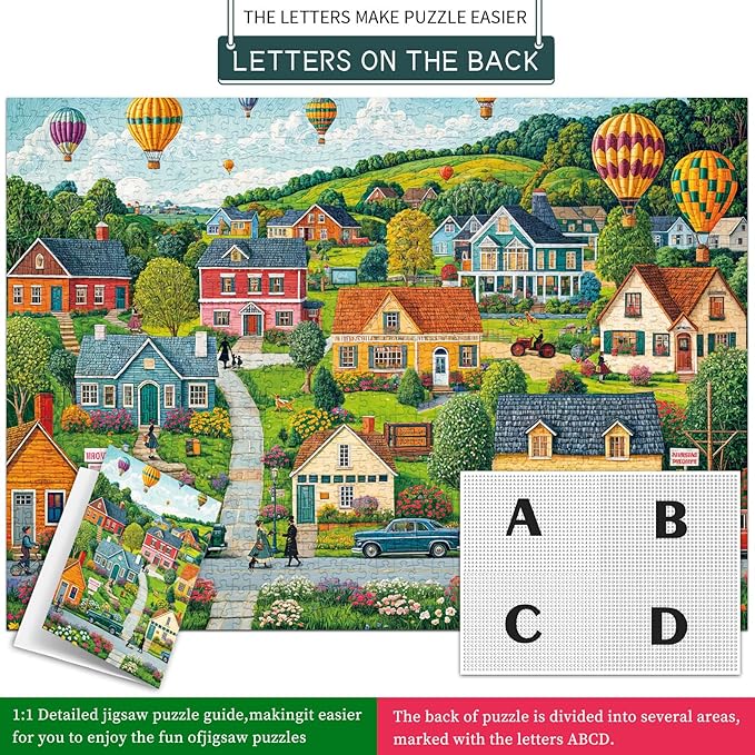 Jigsaw Puzzles for Adults 1000 Pieces, Interlock Perfectly Letter on Back No Dust, Home Decor Birthday Party Gift Toy for Men Women Elders Seniors, 1:1 Poster-Happy Town