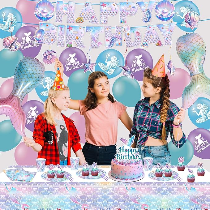 Mermaid Birthday Decorations Party Supplies Include Plates, Napkins, Cups, Cake & Cupcake Toppers, Tablecloth, Banner, Hanging Swirls, Balloons for Girls Mermaid Birthday Party