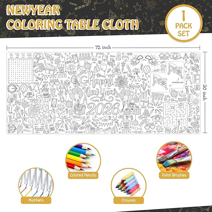 Happy New Year 2026 Coloring Tablecloth, Giant 30x72 Inches Activity Tablecloth with Fireworks and Countdown Designs, Perfect for New Year Party Activities, Party Decoration