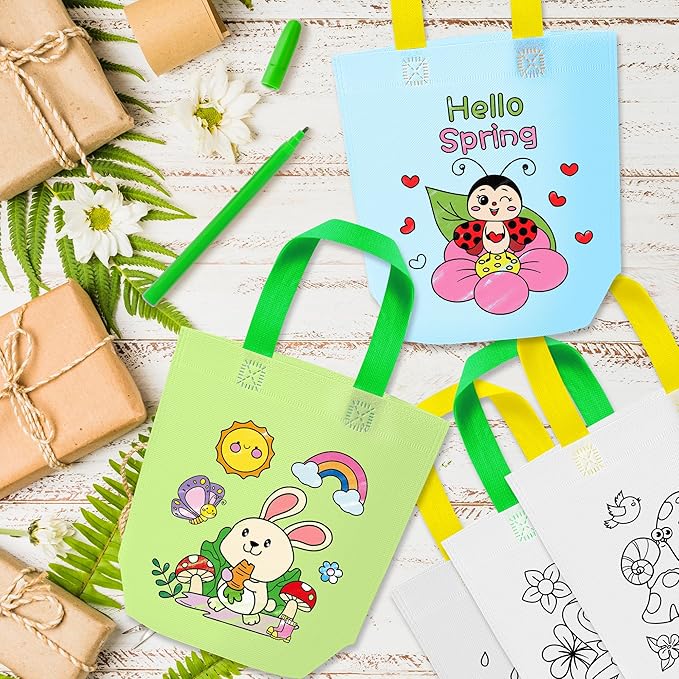 Hello Spring Coloring Goodie Bags for Kids - 24Pcs Welcome Spring Bulk Color Your Own Gift Bags with Handle SpringTime Reusable Coloring Bag Non Woven Tote Bag for DIY Crafts Painting Party Favor Supplies