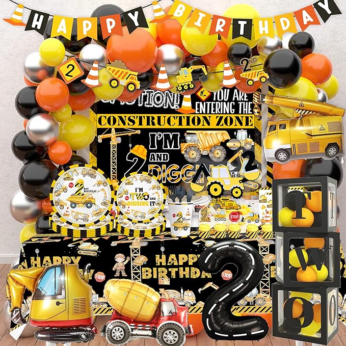Construction 2nd Birthday Party Supplies ,Dump Truck 2nd Birthday Party Decorations Tableware Includes Box Cutout Sash Plates, Cup, Napkin, Balloon, Backdrop, Tablecloth, Banner, Construction 2nd