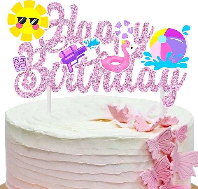 Pool Party Birthday Cake Topper Summer Pool Birthday Party Decorations Pink Glitter Summer Beach Happy Birthday Cake Topper Decorations for Boys Girls Summer Holiday Birthday Party Favor Supplies