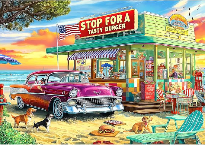 Blueforest Vintage Beach Hamburger Store 1000 Piece Puzzle for Adults & Teens - Challenging Retro Diner Jigsaw with Coastal Decor | Gift-Ready Wall Art for Game Nights