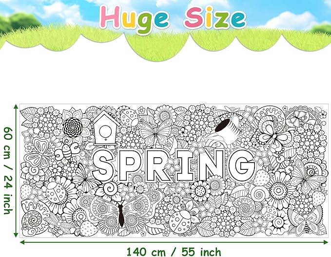 Dvbonike Jumbo Spring Mandala Coloring Poster Giant Flower Butterfly Color-in Paper Poster DIY Drawing Blank Doodle Art Banner 55 x 24 inch Decoration, Home School Activity Party Supplies for Kids