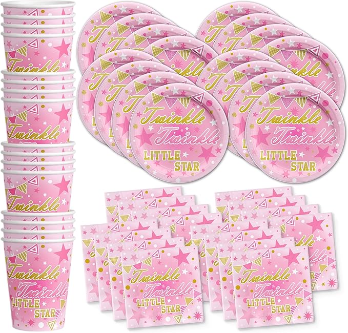 Twinkle Twinkle Little Star Pink Birthday Party Supplies Set Plates Napkins Cups Tableware Kit for 16