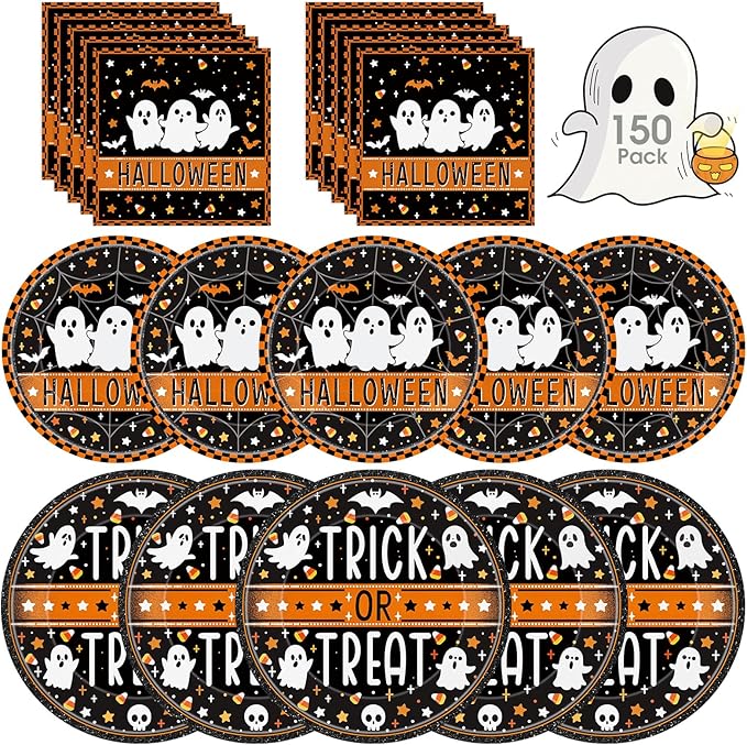 150 Pcs Happy Halloween Plates and Napkins Set - Trick or Treat Ghost Paper Tableware, Disposable Dinner Dessert Paper Plates Napkins Kit for Halloween Table Decorations Party Supplies, Serve 50