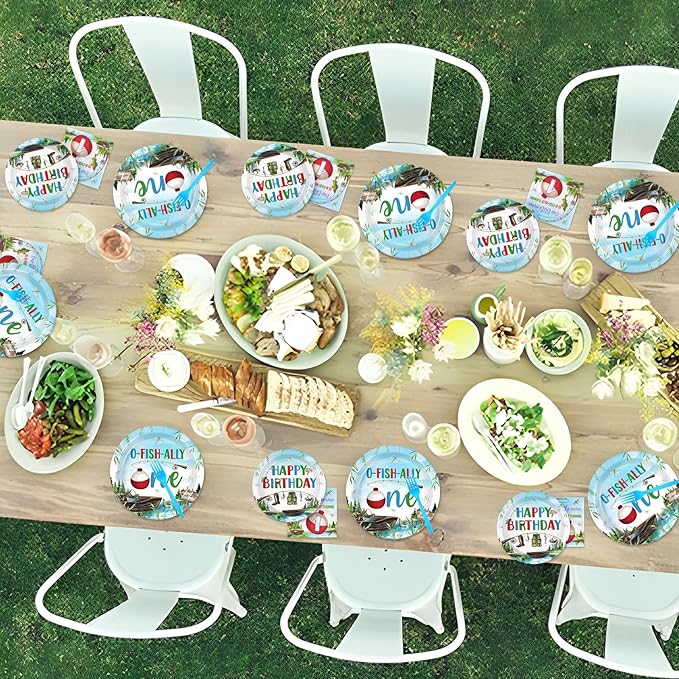 Grencian 96 Pcs Ofishally One Birthday Decorations Gone Fishing 1st Party Plates and Napkins Tableware Set O Fishally One First Birthday Decorations for Boys Little Fisherman 1st Baby Shower Serves 24