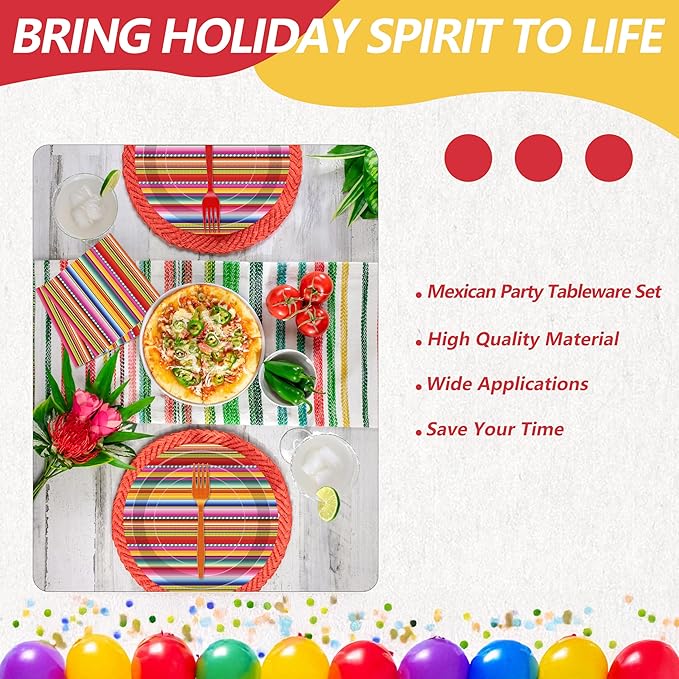 100 Pcs Mexican Fiesta Tableware Party Supplies Set, Serves 25 – Disposable Colorful Serape Striped Paper Plates, Napkins, and Forks, Cinco de Mayo, Taco Tuesday, Fiesta and Day of the Dead Decoration