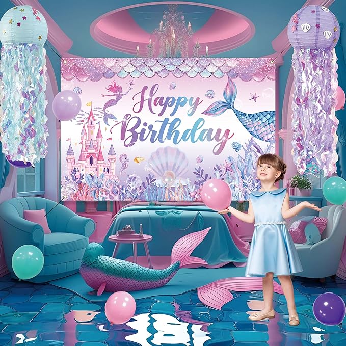 Mermaid Birthday Decorations For Women,Colorful Jellyfish Lanterns,Happy Birthday Backdrop,Banner Balloons,Table Cloth,Paper pom poms Party Supplies for Girls
