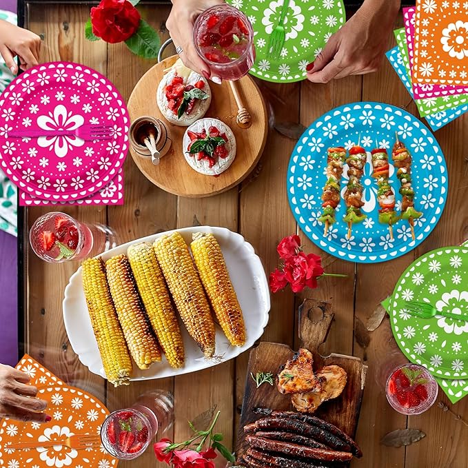 96 Pcs Mexican Fiesta Party Supplies Set, Serves 24 – Colorful Papel Picado Floral Paper Plates, Napkins, and Forks, Disposable Tableware for Cinco de Mayo, Birthday, and Fiesta Themed Decorations