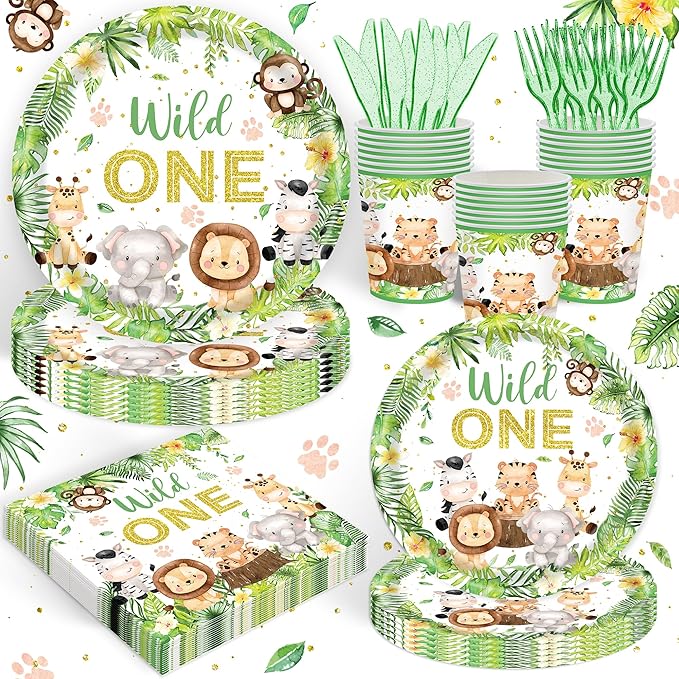 120PCS Wild One Party Supplies for Boys 1st Kids First Birthday Party Jungle Animal Safari Decorations Woodland themed Tableware Set Plates Napkins Cups Set for 20 Guests