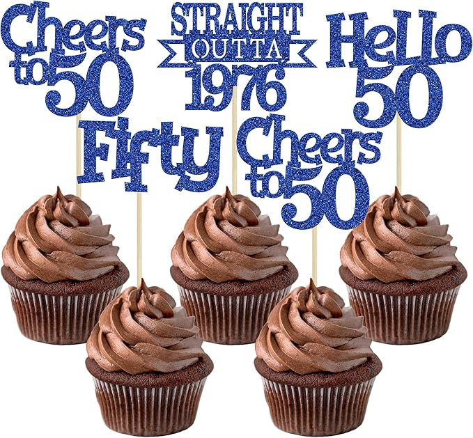 Ephlyn 24Pcs Happy 50th Birthday Cupcake Toppers Glitter Straight Outta 1976 Cupcake Picks Hello 50 Cheers to 50 Years Birthday Cake Decorations for 50th Birthday Anniversary Party Supplies Blue