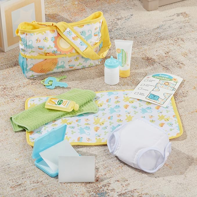 Melissa & Doug Mine to Love Travel Time Play Set for Dolls with Diaper Bag, Bottle, Sunscreen, More (17 pcs) - Baby Doll Accessories, Baby Doll Sets For Kids Ages 3+