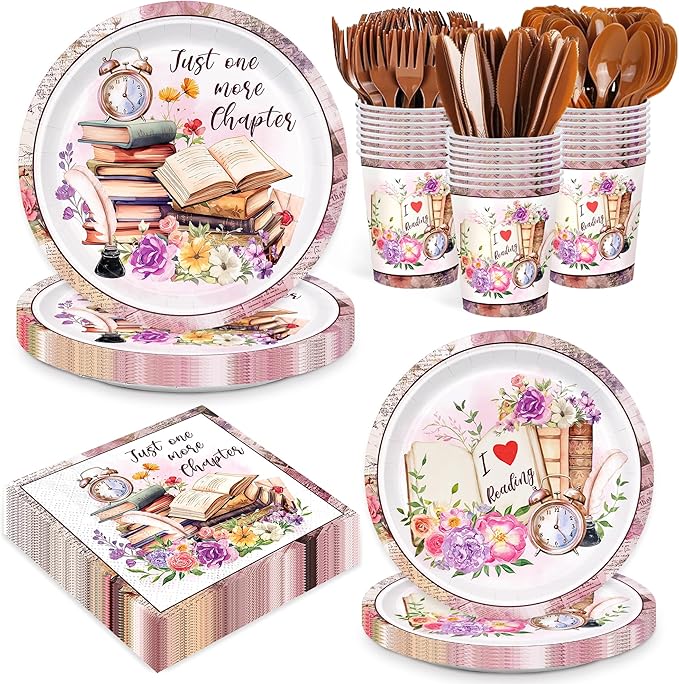 168pcs Book Themed Party Decorations Book Paper Plates Napkins Cups Book Disposable Tableware Set for Kids Book Club Library Reading Party Supplies Serves 24
