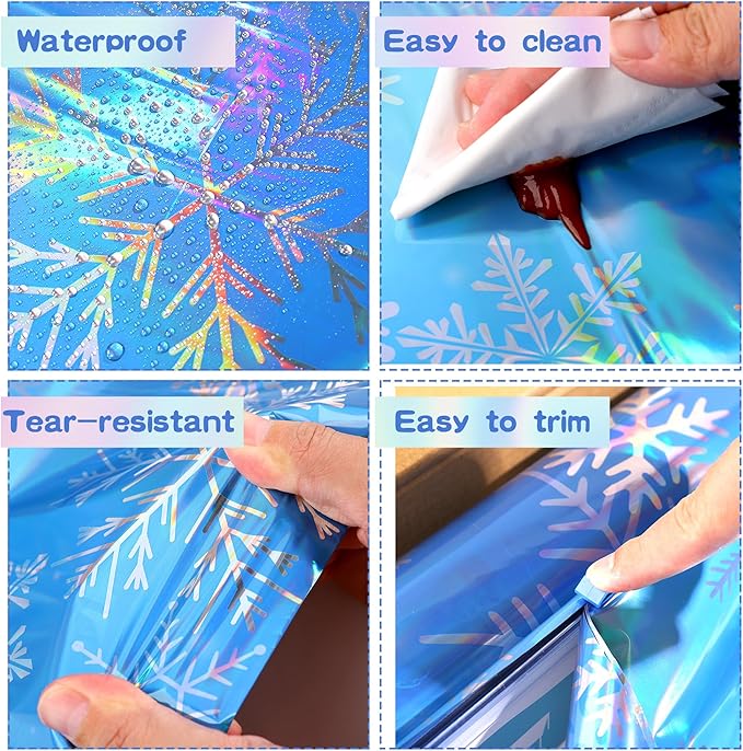 Kochorie 100 Ft x 54 Inch Iridescent Winter Snowflake Tablecloth Roll with Cutter Box Holographic Blue and Purple Snowflake Wonderland Table Cover Backdrop for Frozen Birthday Party Supplies