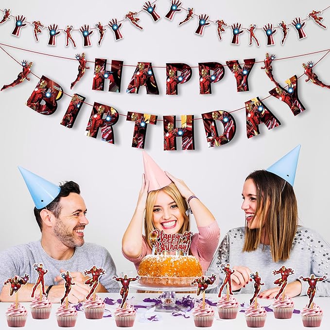 "Irn Man Theme Birthday Party Supplies – Superhero Party Decorations for Boys Girls – Includes Happy Birthday Banner, Cake Topper, Cupcake Picks, Garland, and Party Table Décor for Fans"
