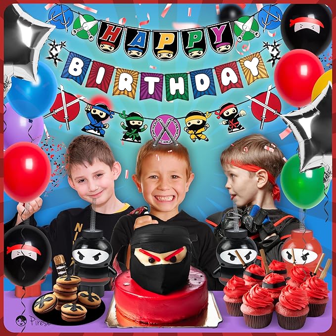 Pirese Ninja Birthday Party Decorations Kit – Japanese Ninja Birthday Banner, Ninja Party Supplies, Ninja Balloons, Martial Arts & Ninja Warrior Party Decor, Mortal Kombat Theme