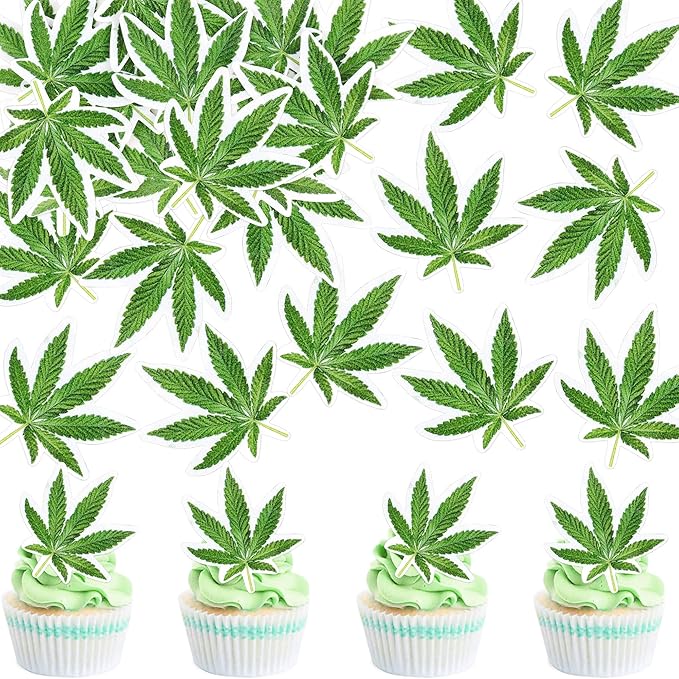 Ercadio 40 Pcs Edible Green Marijuana Cupcake Toppers Have a Dope Birthday Cake Topper Cake Drink Topper Decorations for Men Women Marijuana Them Party Supplies